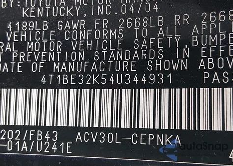 2004 Toyota Camry Le z USA, uszkodzony, nr VIN 4T1BE32K54U344931